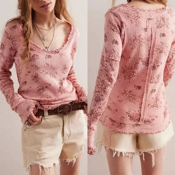 Free People Tops - Free People NWT We the Free Clover Printed Thermal Tee Size M pink floral